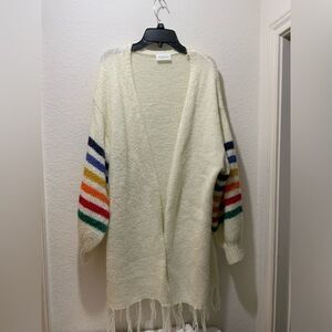 Evelyn open front Rainbow striped white knitted sweater fringe